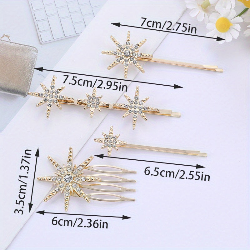 4pcs Rhinestone Star Hairpins & Hair Comb Bridal Hair Clips Set