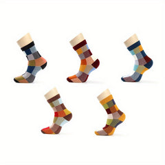 5 Pair Cotton Socks Block Socks For Men Plaid Short Crew Socks