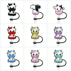 9pcs Cartoon Cow Straw Plugs Set Reusable Dustproof Straw Cap Cup Decoration