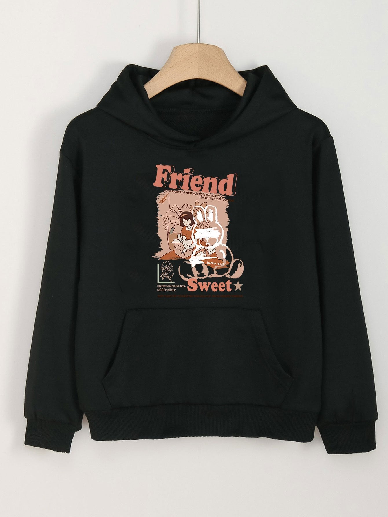 Girls Cartoon Girl & Bunny Print Hoodies Comfy Hooded Pullover With Pocket