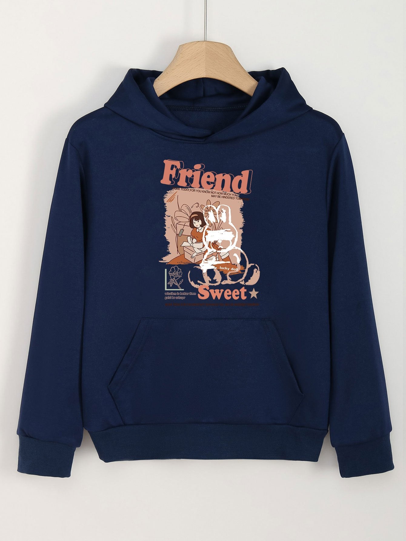 Girls Cartoon Girl & Bunny Print Hoodies Comfy Hooded Pullover With Pocket