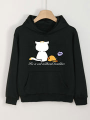 Girls Cat Print Hoodies Comfy Hooded Pullover With Pocket