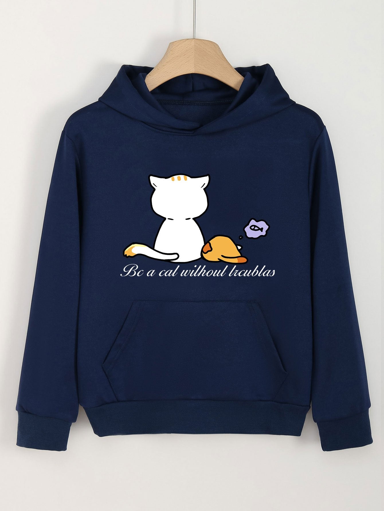 Girls Cat Print Hoodies Comfy Hooded Pullover With Pocket