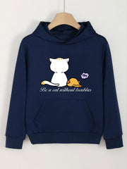 Girls Cat Print Hoodies Comfy Hooded Pullover With Pocket