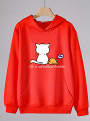 Girls Cat Print Hoodies Comfy Hooded Pullover With Pocket