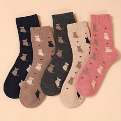 5 Pairs Cartoon Cat Print Socks Comfortable & Warm Socks