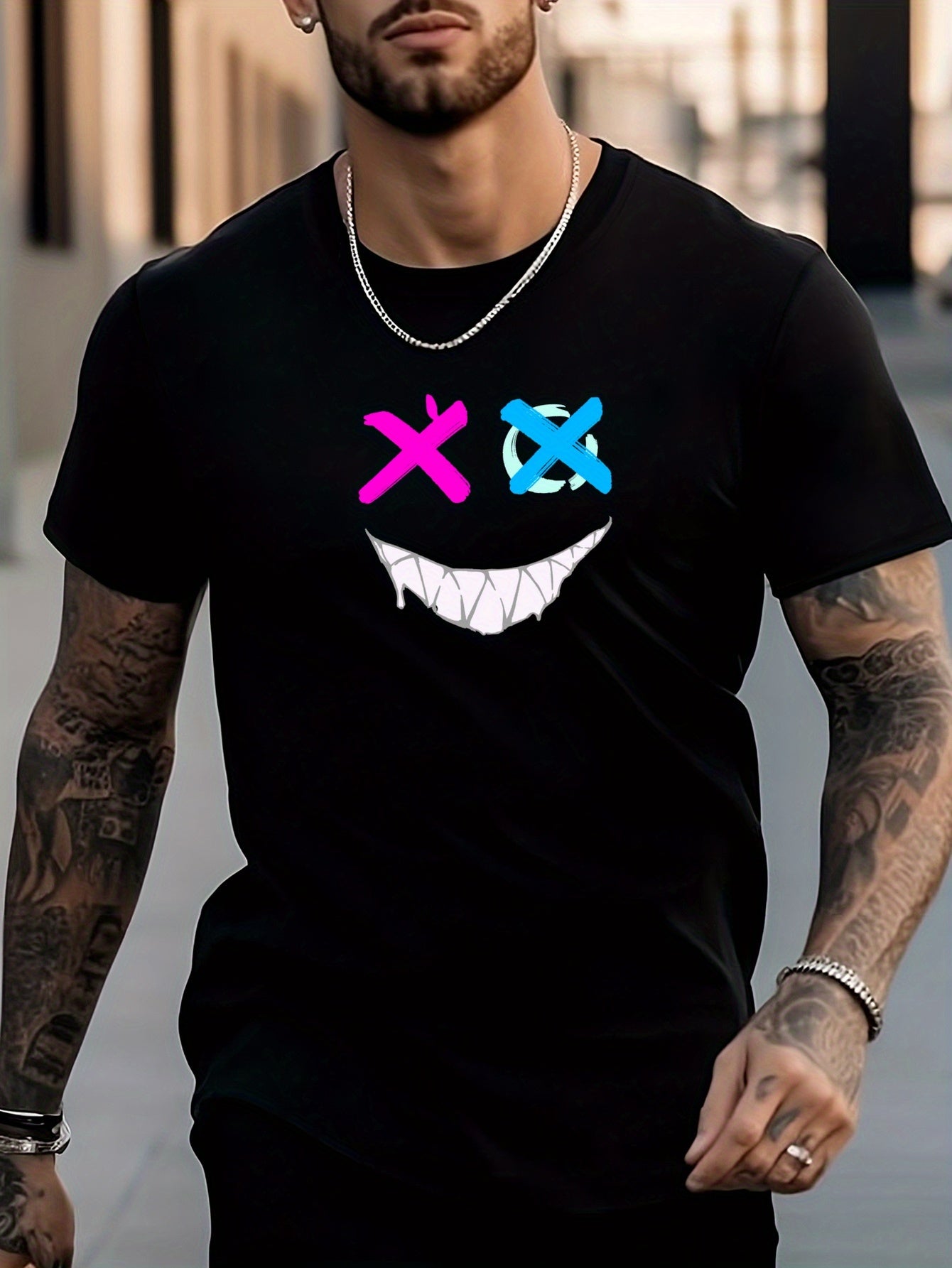 Graffiti Smile Face Print Men's T shirt For Summer Outdoor Street