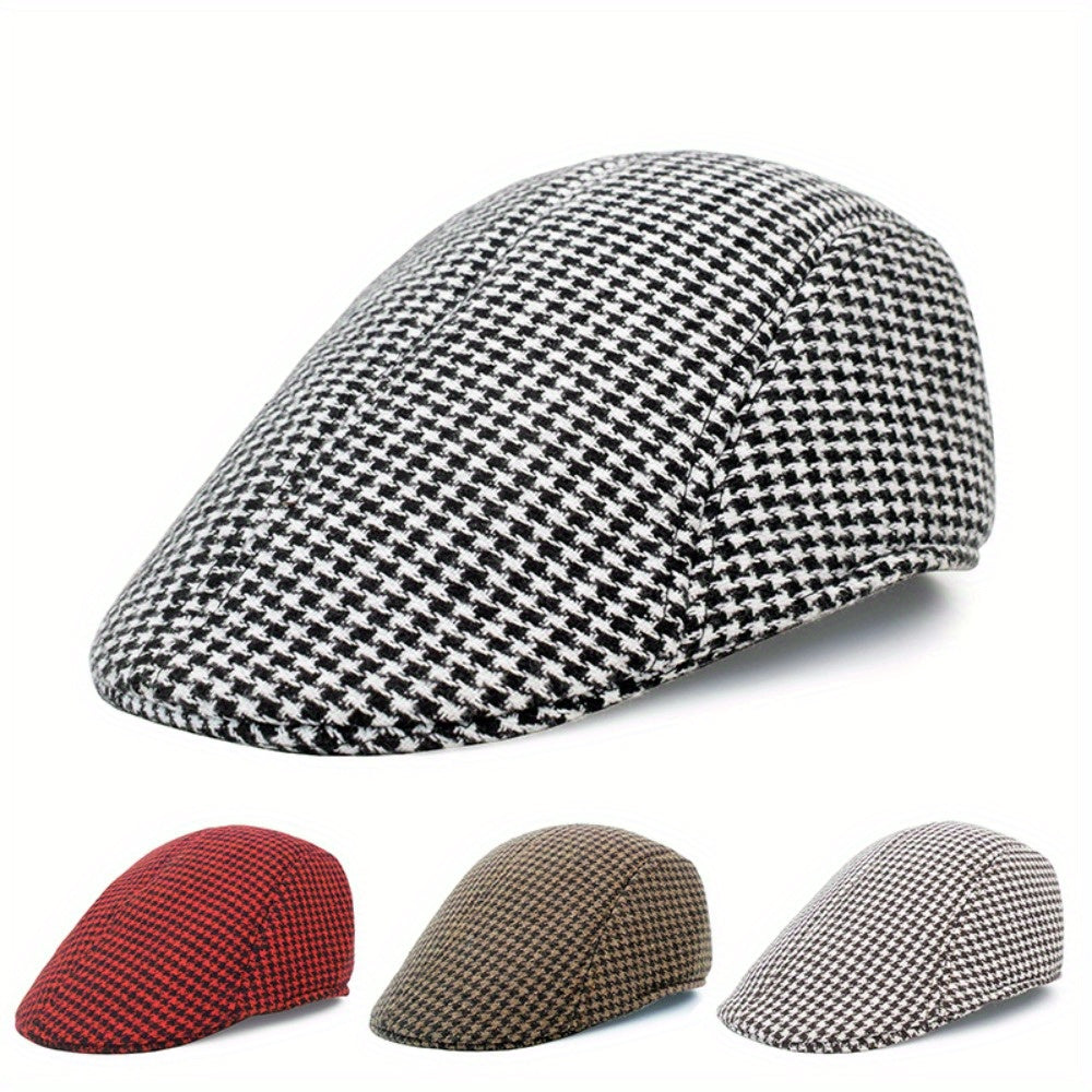 Plaid Woolen Beret Warm Hat Casual Vintage Cabbie Cap For Men