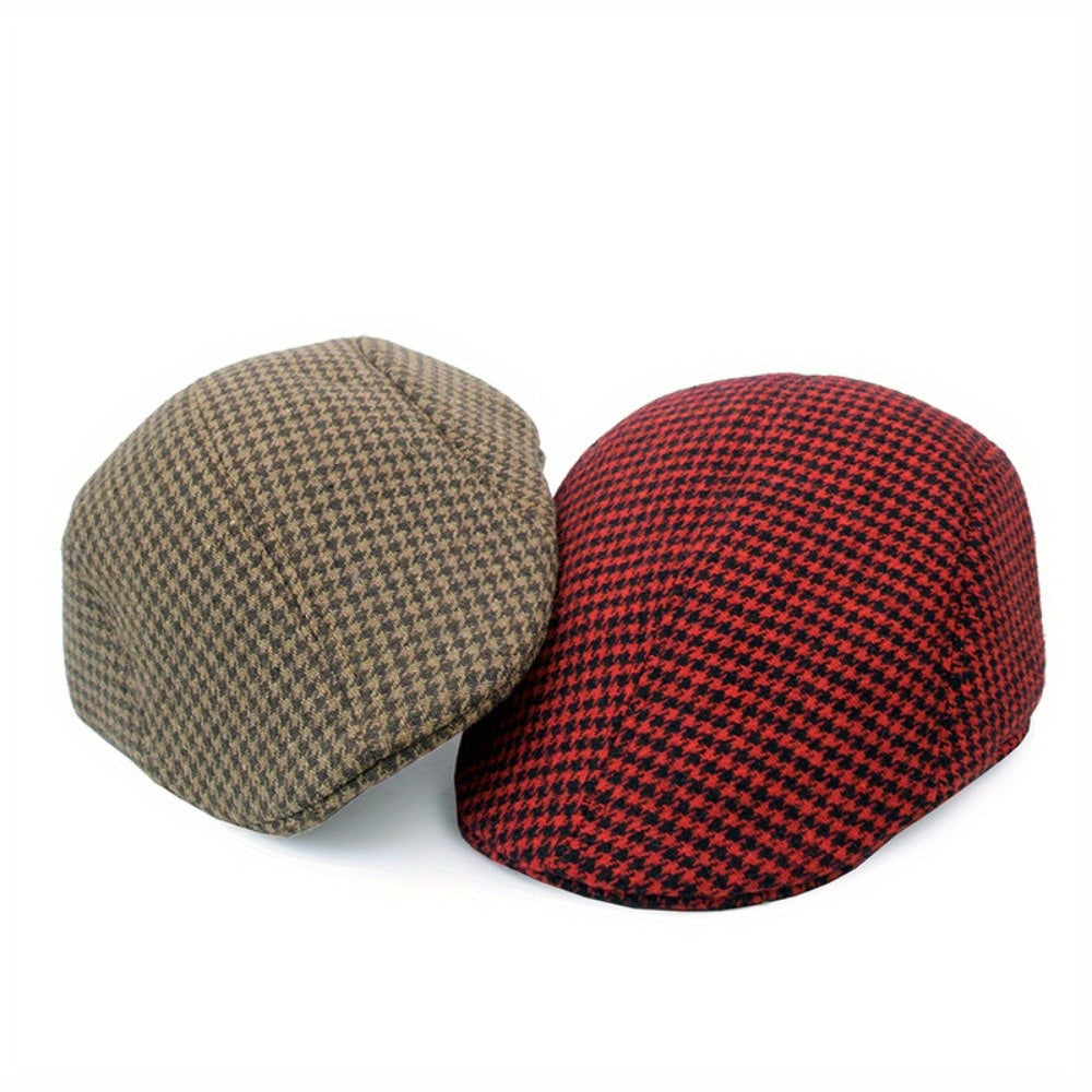 Plaid Woolen Beret Warm Hat Casual Vintage Cabbie Cap For Men