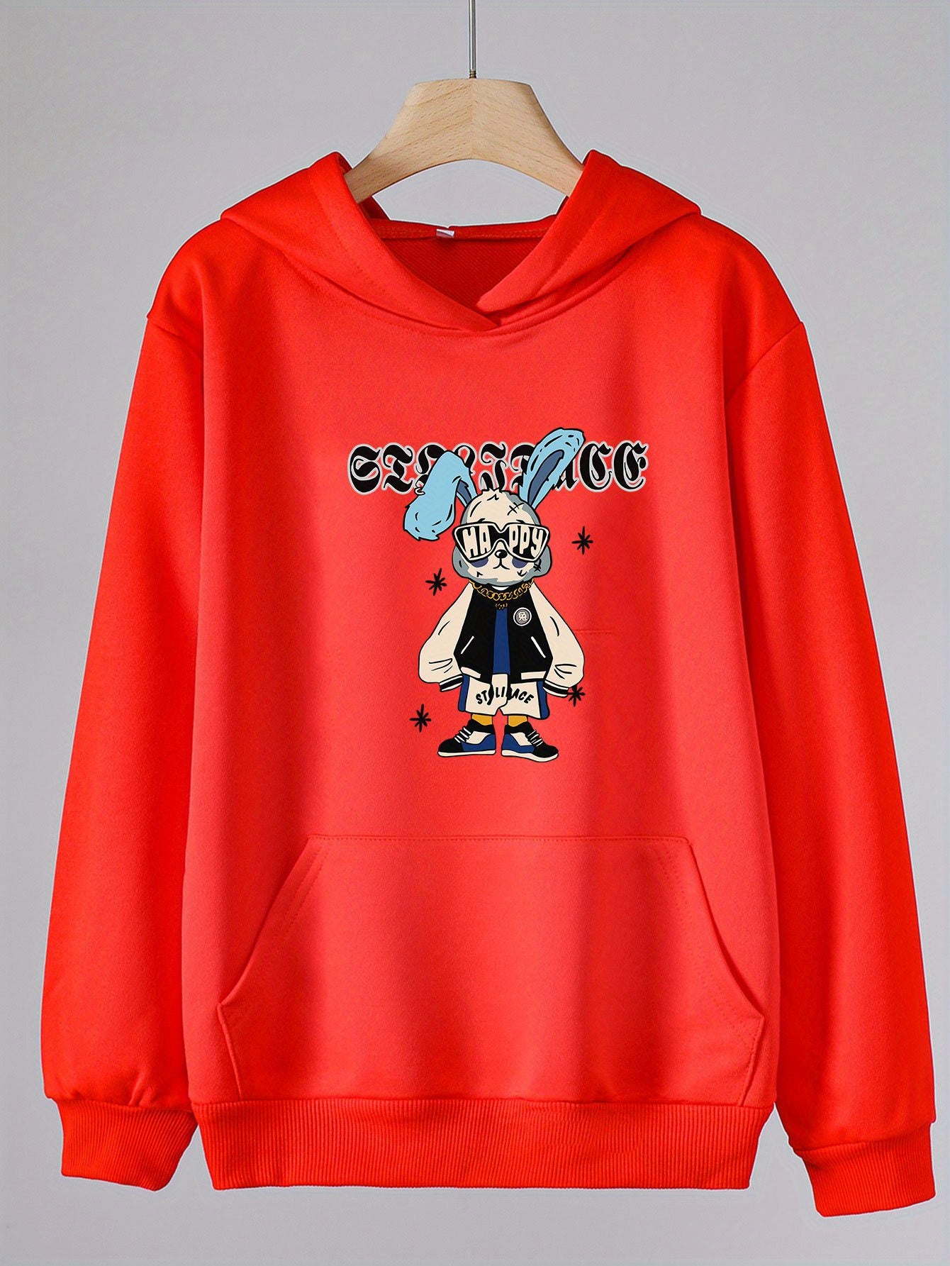 Girls' Bunny Print Hoodie with Pocket Pullover Spring Fall Sports Gift