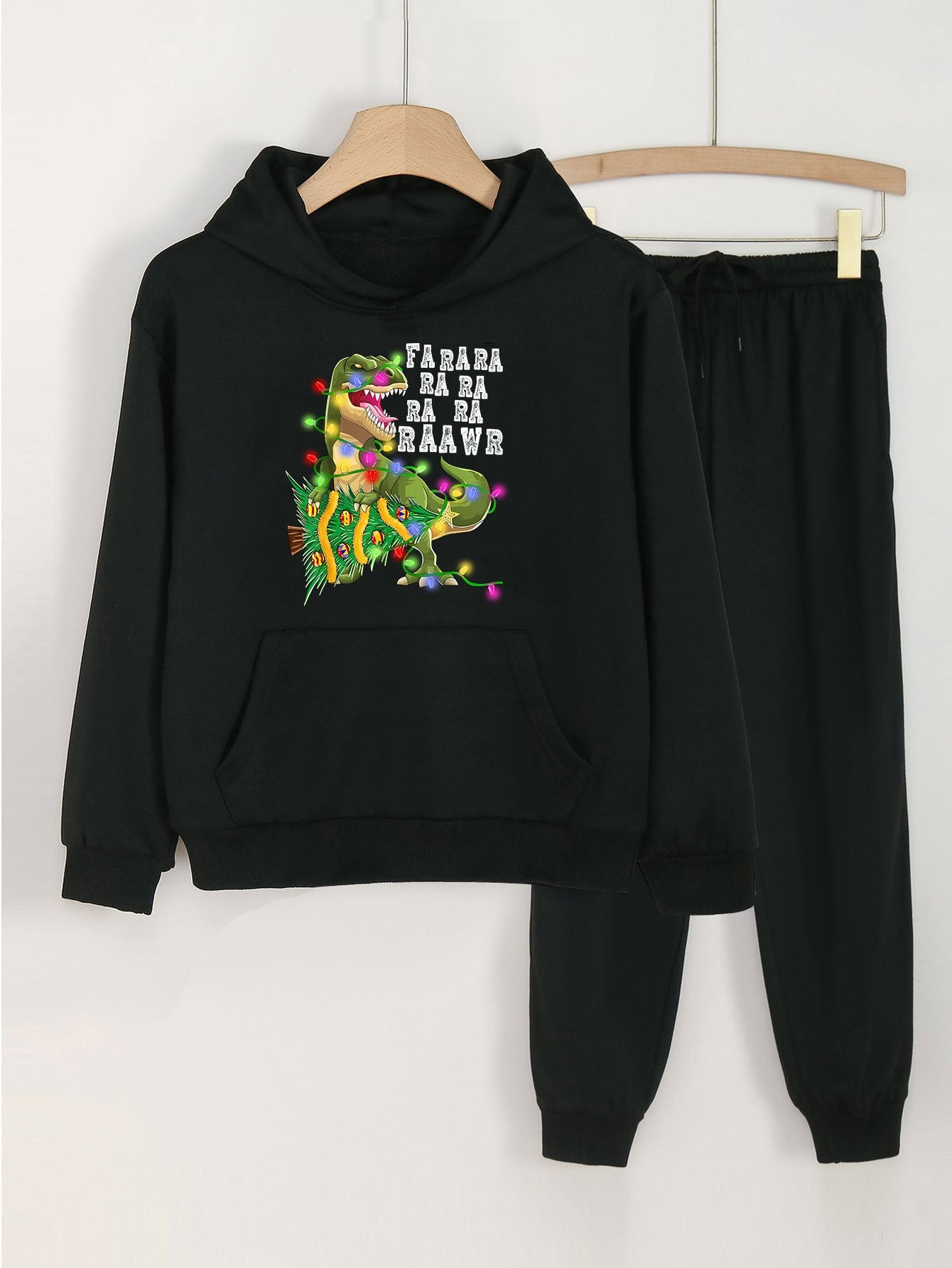 Girls' 2pcs Christmas Dino Print Pocket Hoodies Pants Set