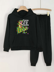 Girls' 2pcs Christmas Dino Print Pocket Hoodies Pants Set