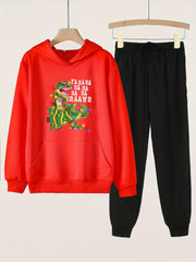 Girls' 2pcs Christmas Dino Print Pocket Hoodies Pants Set