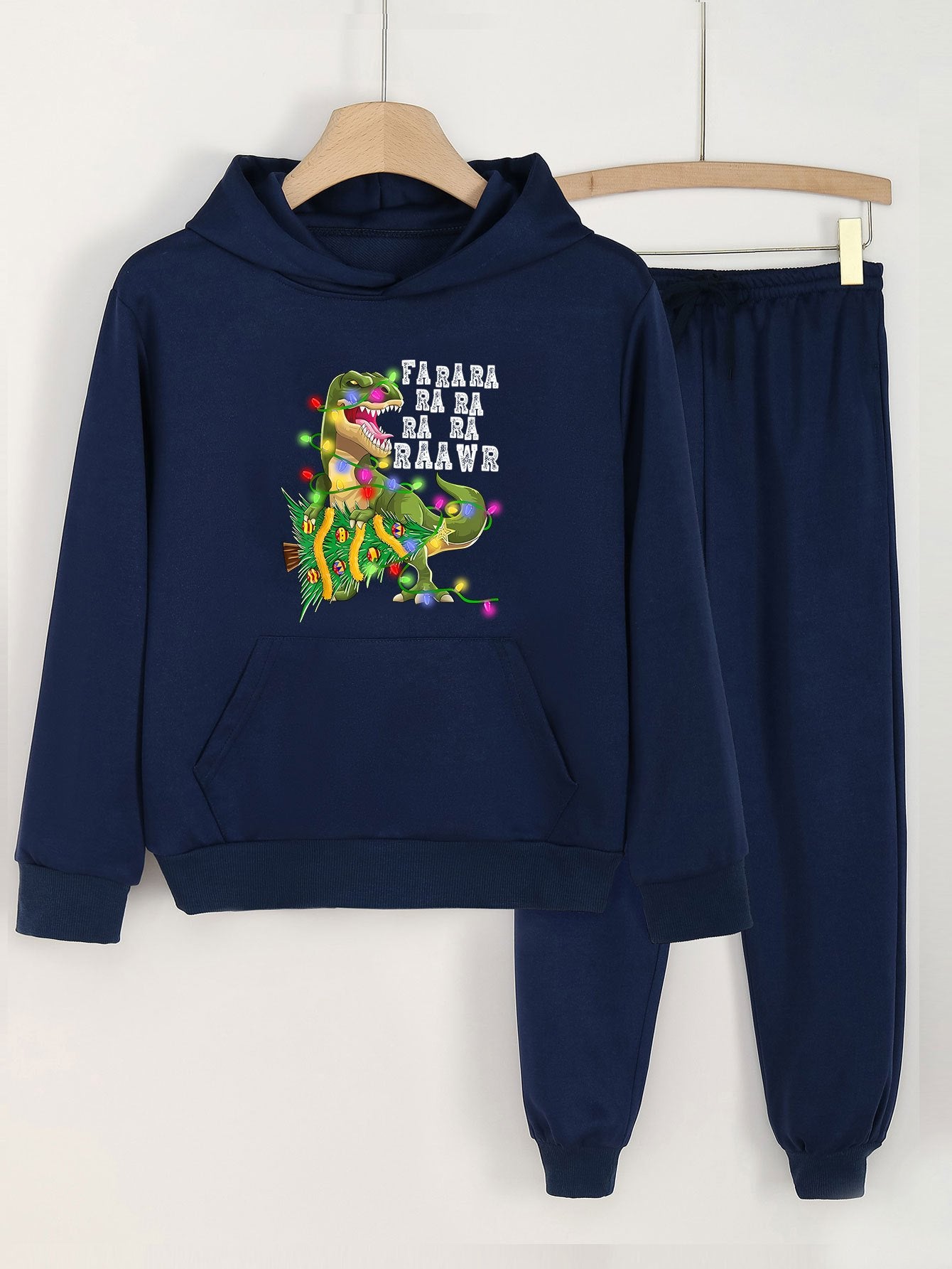 Girls' 2pcs Christmas Dino Print Pocket Hoodies Pants Set