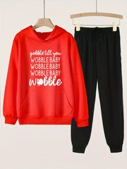 Girls' 2pcs GOBBLE TILL YOU WOBBLE BABY Print Pocket Hoodies Pants Set