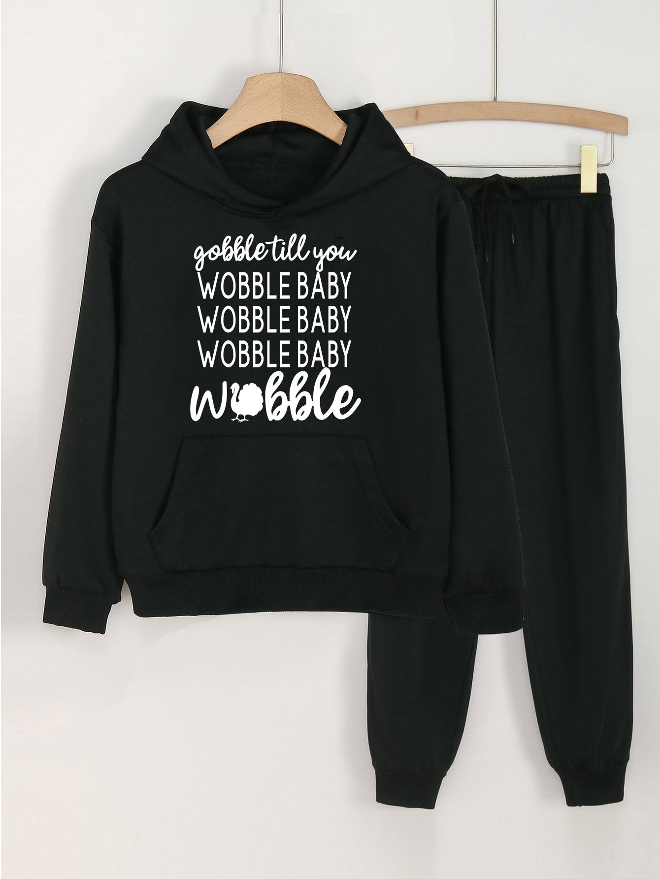 Girls' 2pcs GOBBLE TILL YOU WOBBLE BABY Print Pocket Hoodies Pants Set
