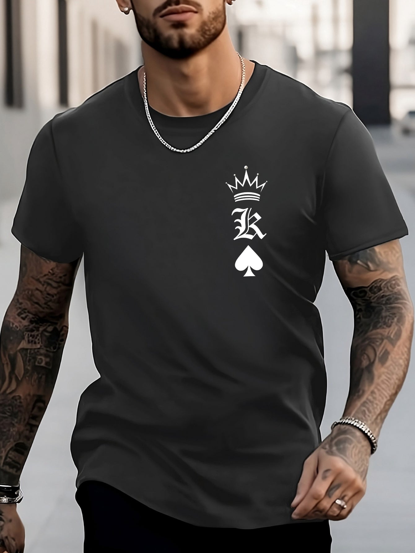 Men's King Pattern Shirt Casual Crew Neck Tee Top for Outdoor Activities