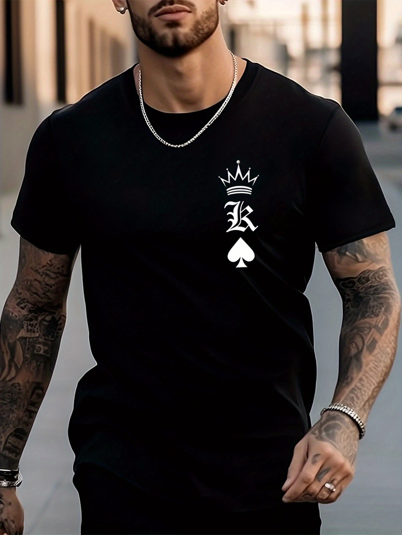 Men's King Pattern Shirt Casual Crew Neck Tee Top for Outdoor Activities