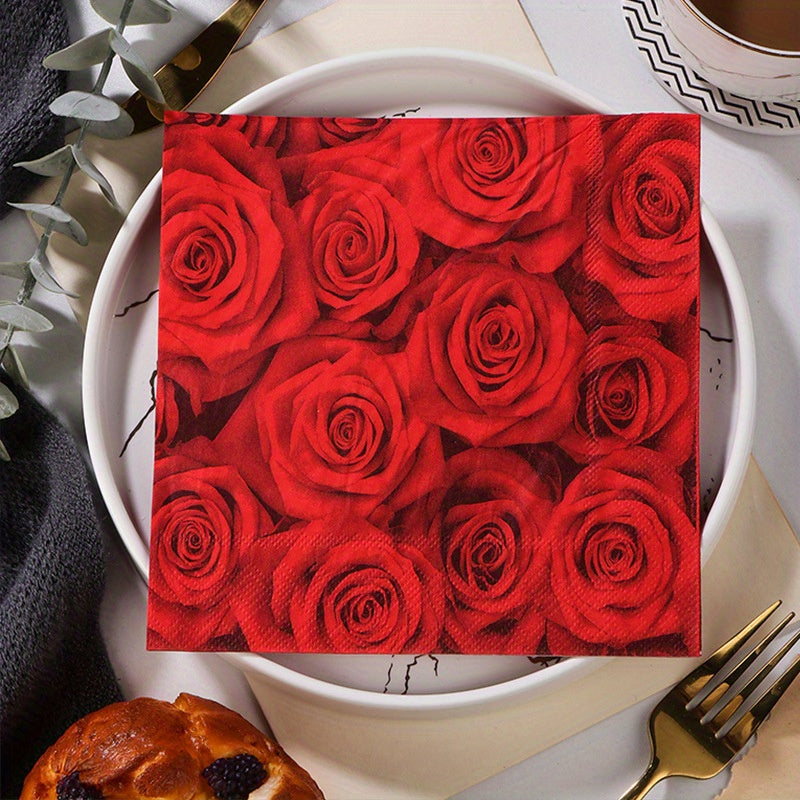 20pcs Red Rose Flower Printed Napkin Festive Party Decoration Wood Pulp Tissue