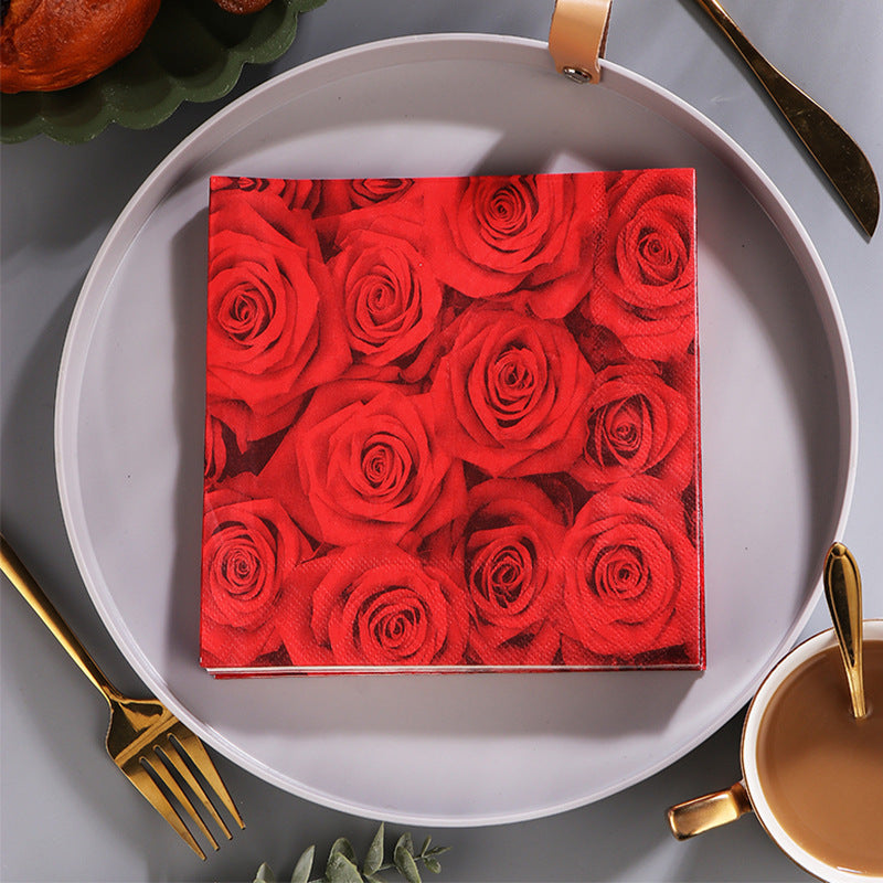 20pcs Red Rose Flower Printed Napkin Festive Party Decoration Wood Pulp Tissue