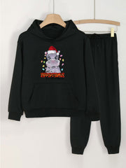 Girls' Christmas Hippos Print Hoodies Pants Set