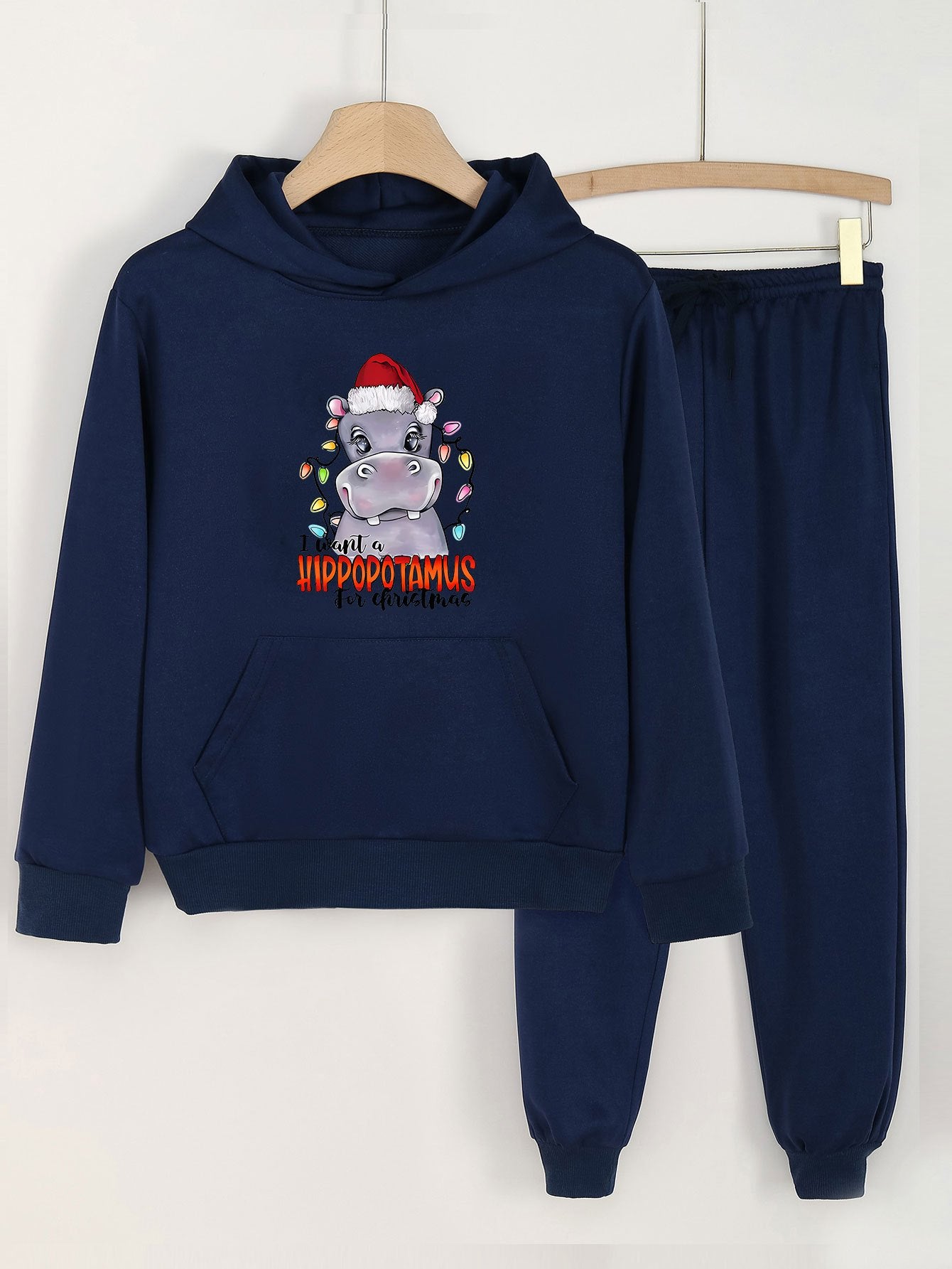 Girls' Christmas Hippos Print Hoodies Pants Set