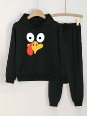 Girls' Turkey Print Hoodie Pants Set for Spring Fall Sports Christmas Gift