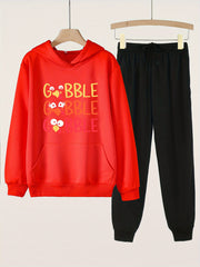 Girls' GOBBLE Print Hoodies Pants Set For Spring Fall Sports