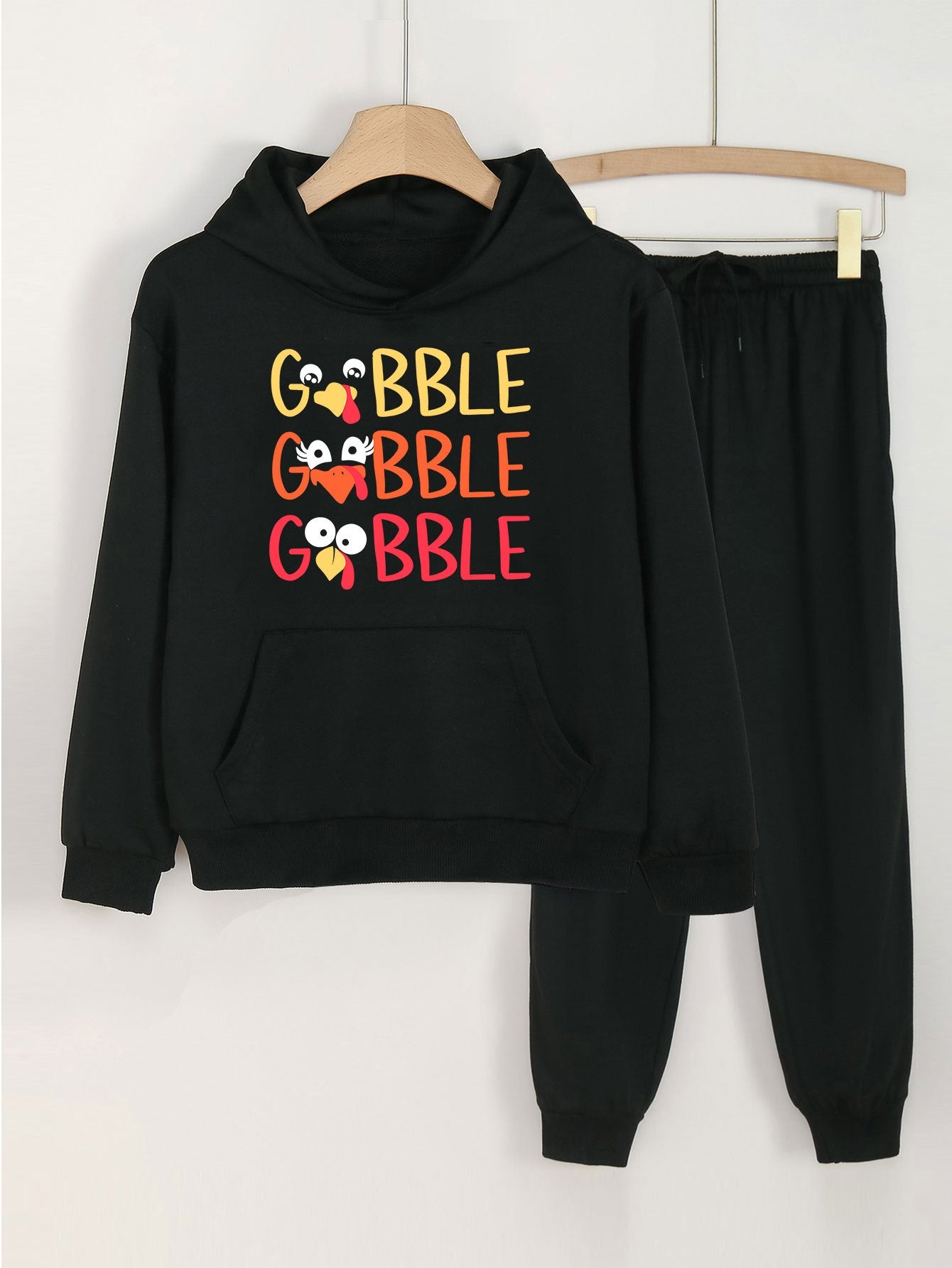 Girls' GOBBLE Print Hoodies Pants Set For Spring Fall Sports