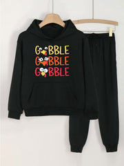 Girls' GOBBLE Print Hoodies Pants Set For Spring Fall Sports