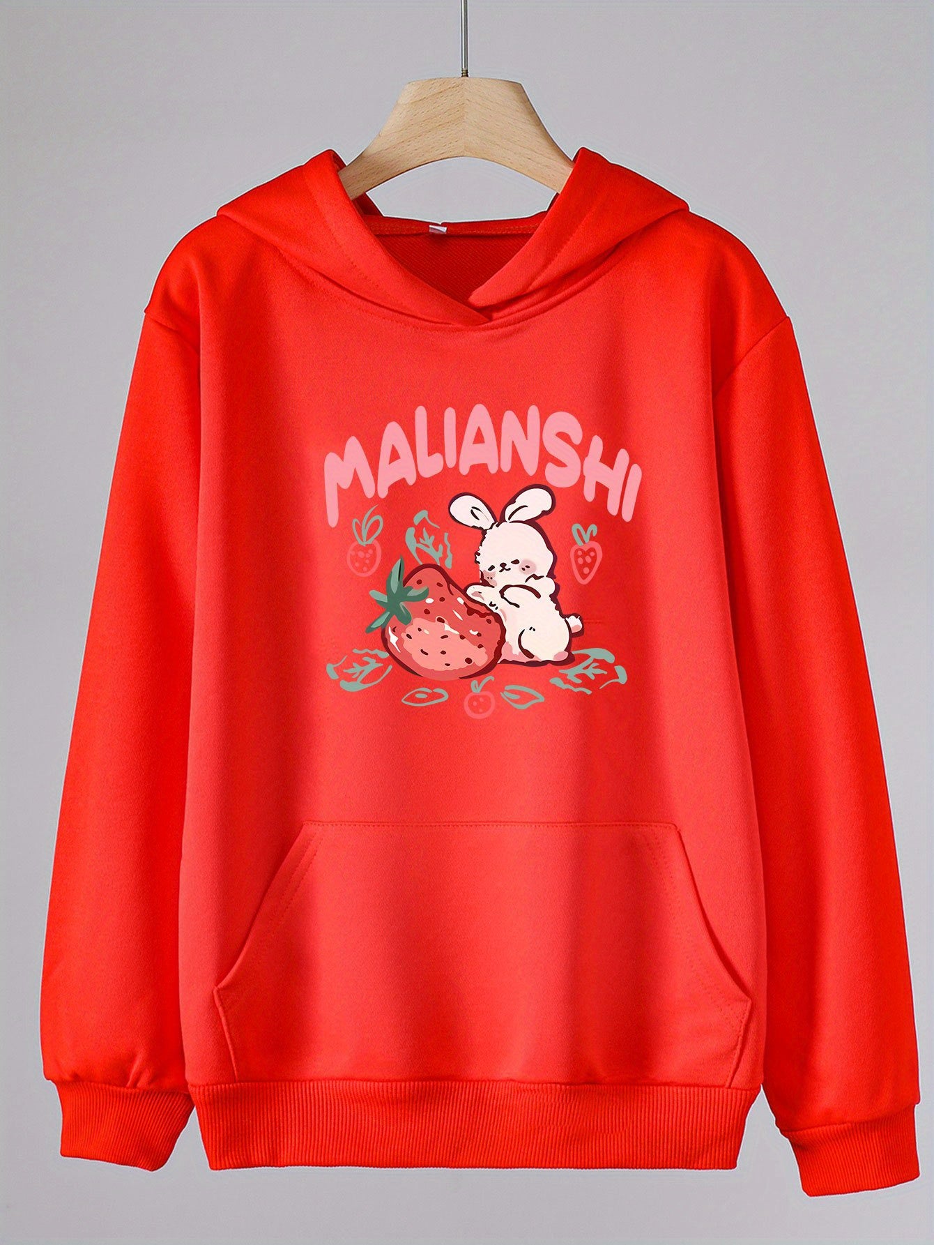 Girls Rabbit & Strawberry Pattern Hooded Sweatshirt for Spring & Autumn
