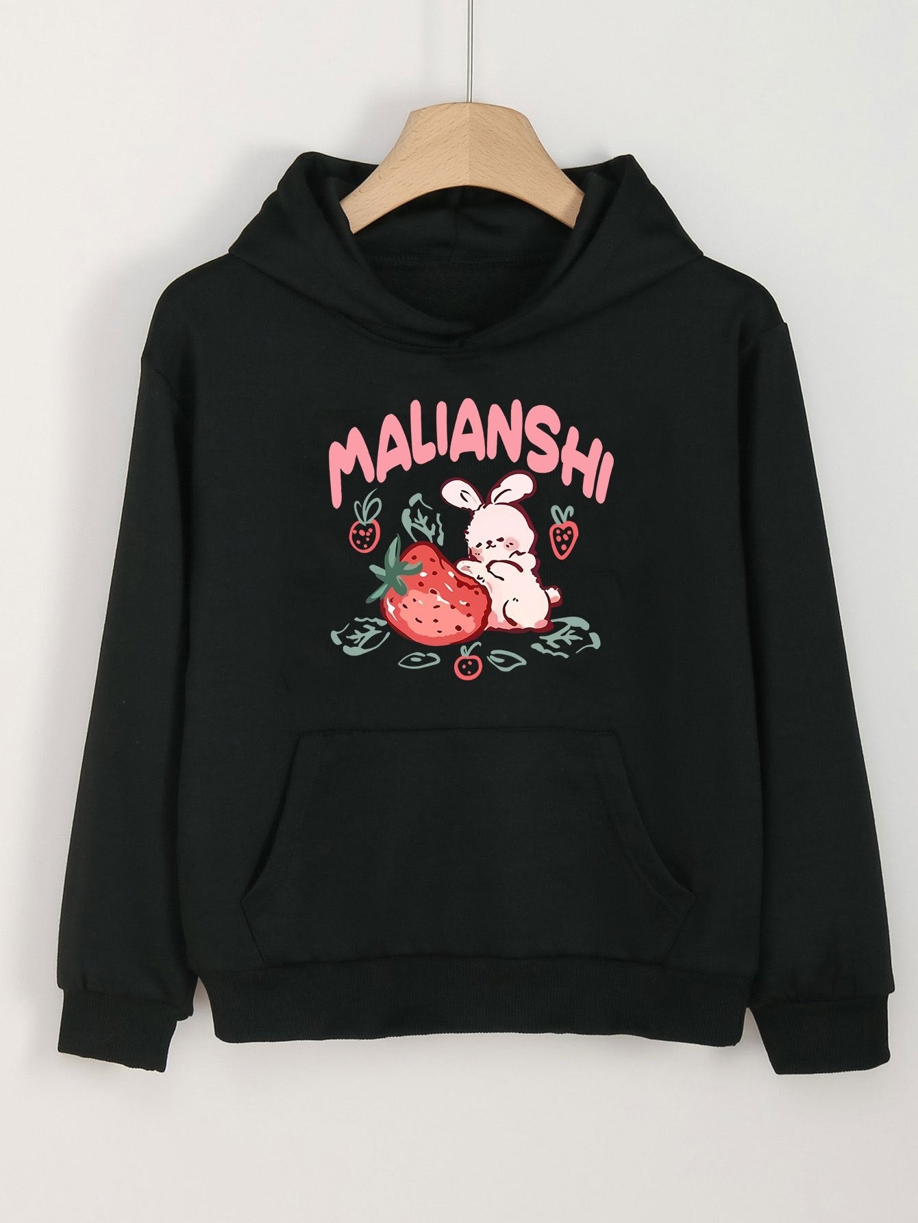Girls Rabbit & Strawberry Pattern Hooded Sweatshirt for Spring & Autumn
