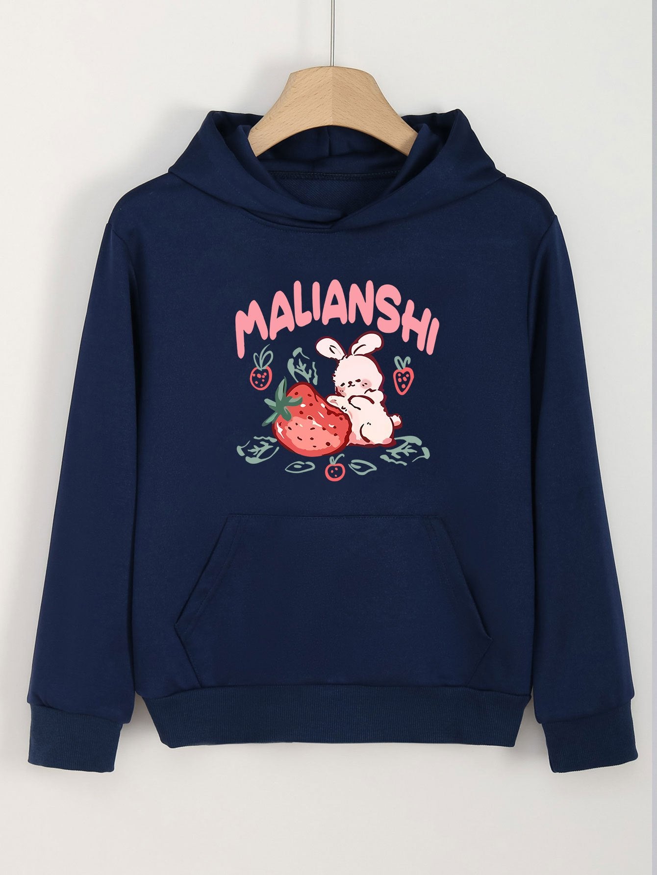Girls Rabbit & Strawberry Pattern Hooded Sweatshirt for Spring & Autumn