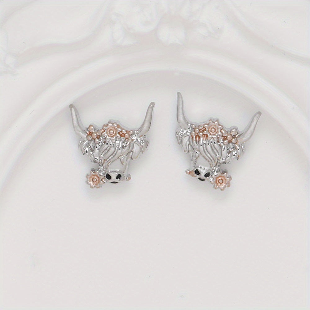 Cow Head With Flower Animal Earrings Party Jewelry Christmas Halloween Gift