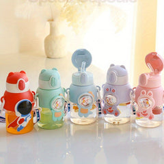 Cartoon Water Bottle 600ml Portable Flip Top Straw Cup With Strap