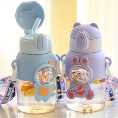 Cartoon Water Bottle 600ml Portable Flip Top Straw Cup With Strap