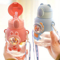 Cartoon Water Bottle 600ml Portable Flip Top Straw Cup With Strap