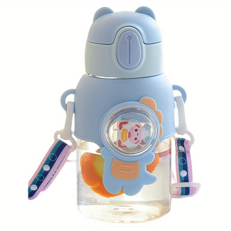 Cartoon Water Bottle 600ml Portable Flip Top Straw Cup With Strap