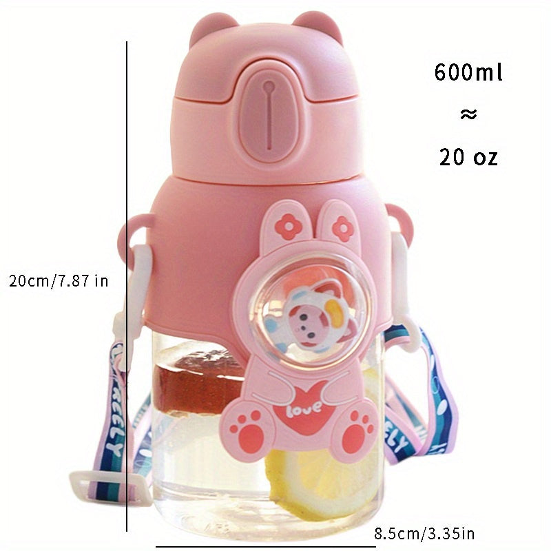 Cartoon Water Bottle 600ml Portable Flip Top Straw Cup With Strap