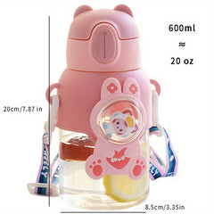 Cartoon Water Bottle 600ml Portable Flip Top Straw Cup With Strap