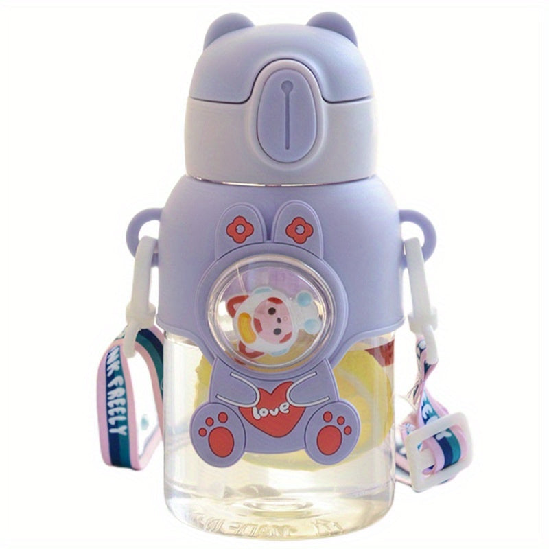 Cartoon Water Bottle 600ml Portable Flip Top Straw Cup With Strap