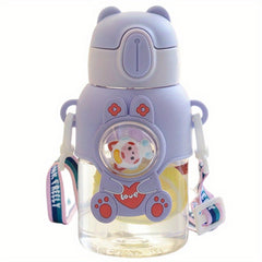 Cartoon Water Bottle 600ml Portable Flip Top Straw Cup With Strap