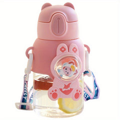 Cartoon Water Bottle 600ml Portable Flip Top Straw Cup With Strap
