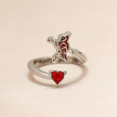 Red Bird And Heart Open Adjustable Ring Great Gift