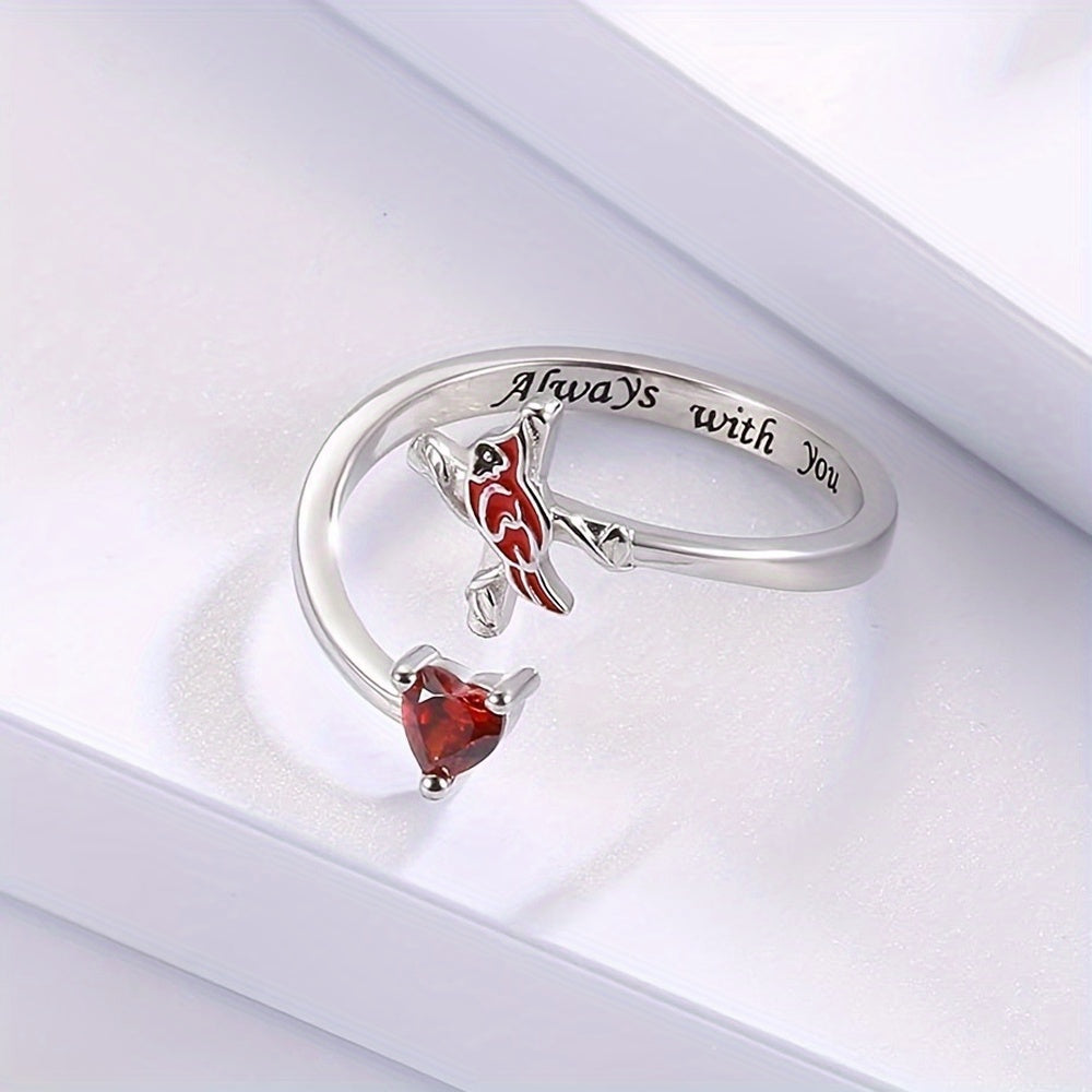 Red Bird And Heart Open Adjustable Ring Great Gift