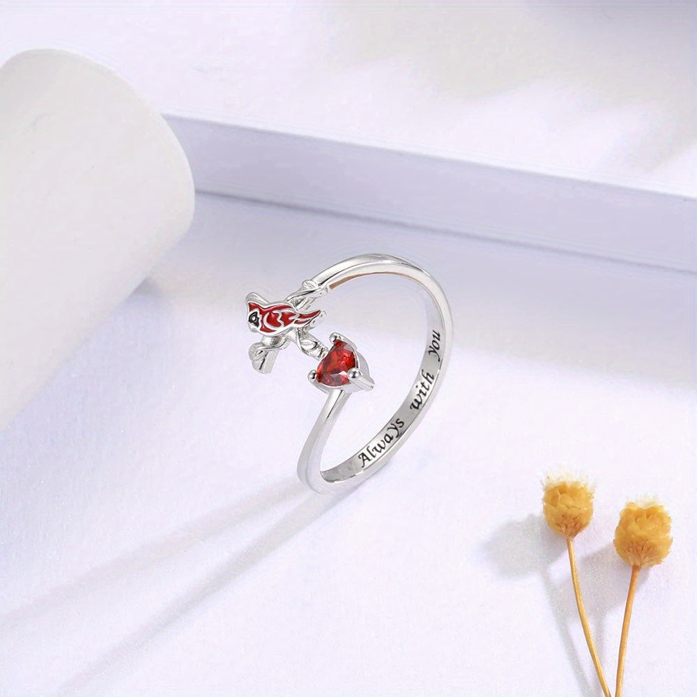 Red Bird And Heart Open Adjustable Ring Great Gift