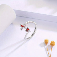 Red Bird And Heart Open Adjustable Ring Great Gift