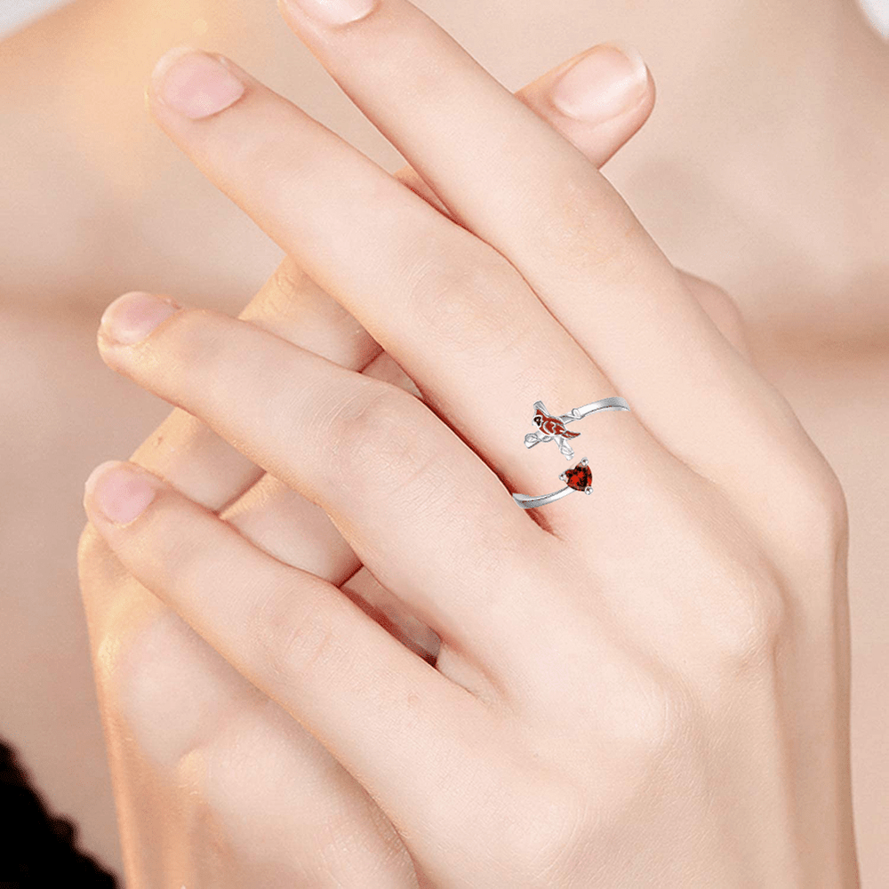 Red Bird And Heart Open Adjustable Ring Great Gift