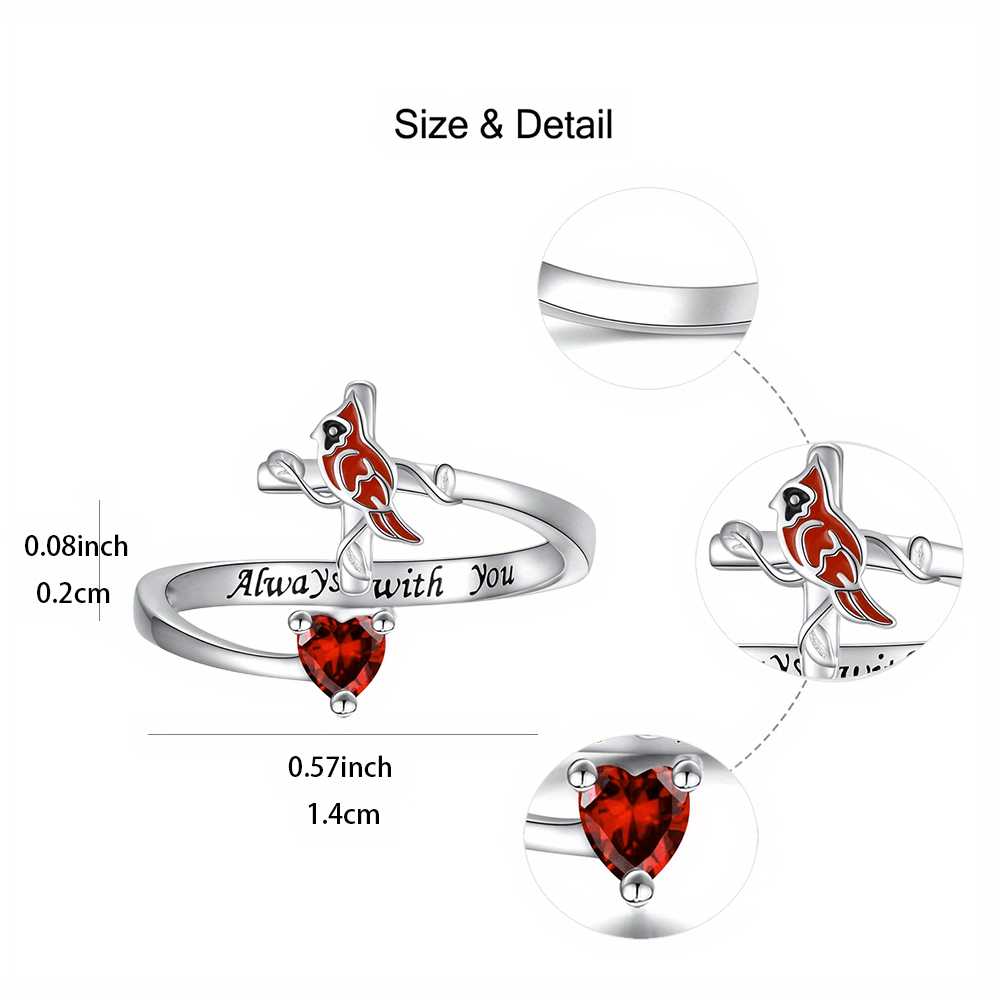 Red Bird And Heart Open Adjustable Ring Great Gift