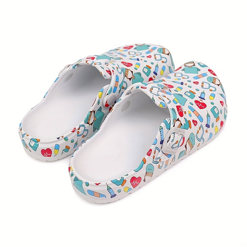 Women's Cartoon Doctor Print Clogs Lightweight Hollow Out Garden Shoes